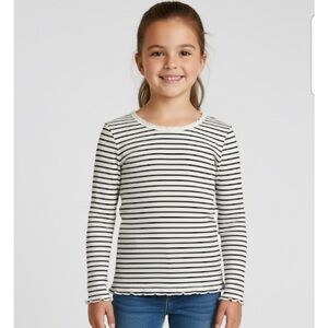 ART CLASS Striped Ribbed Lettuce Hem/Cuff Top, Girls XL, White Black